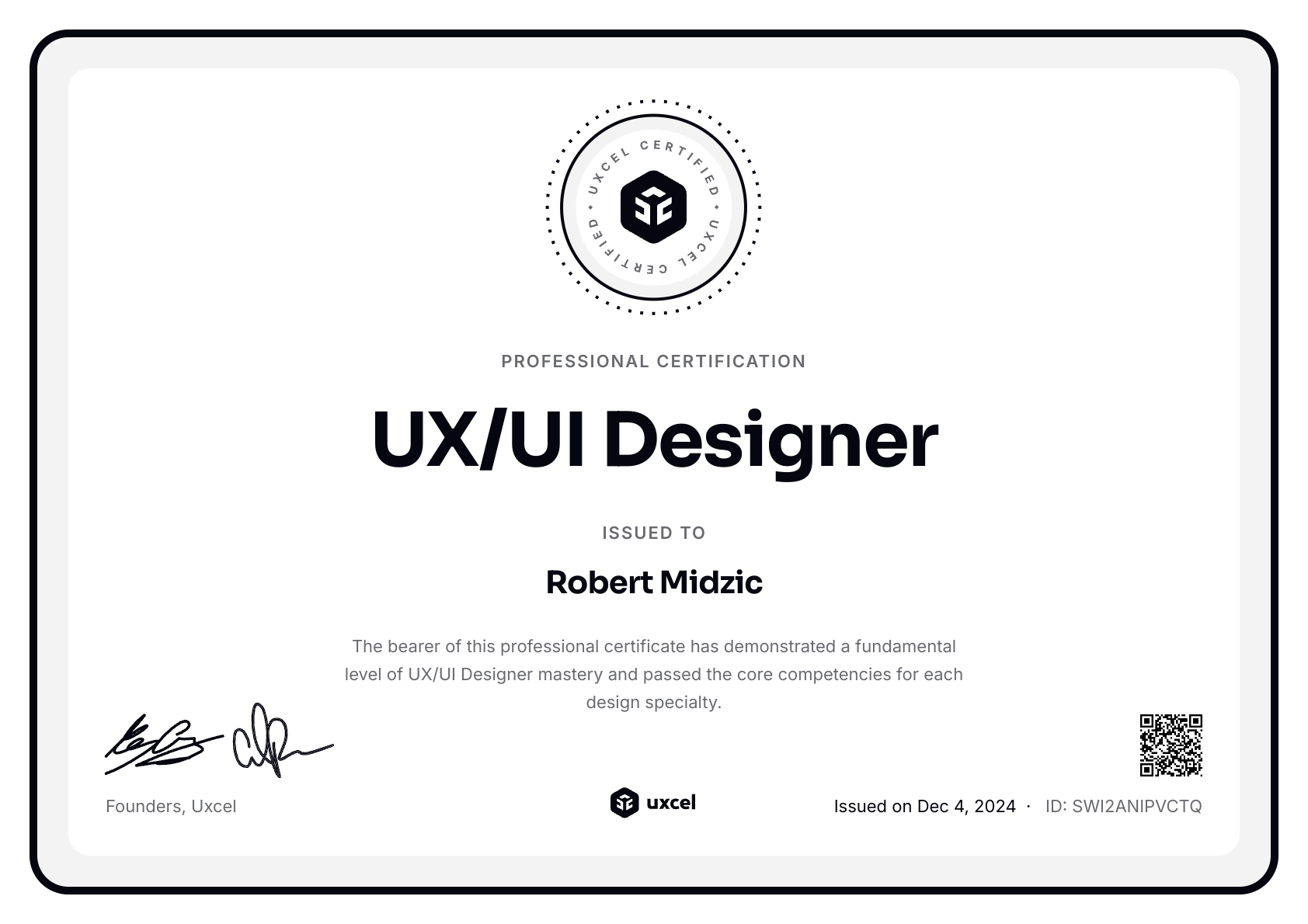 Robert Midzic's certificate